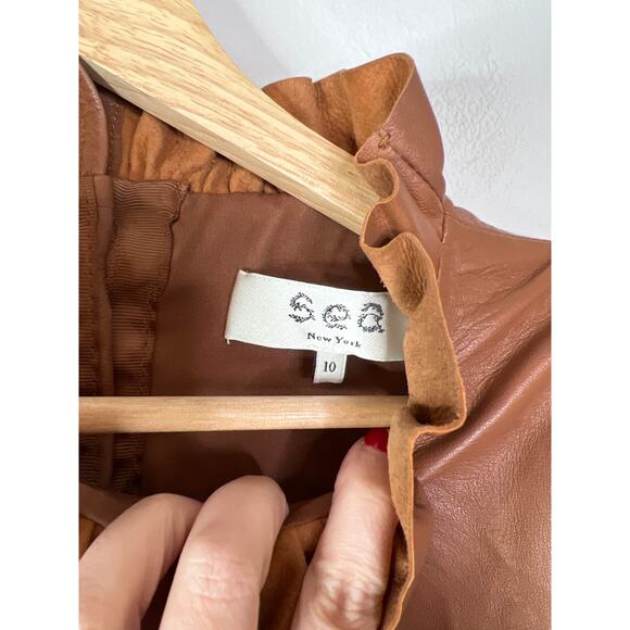 NEW Sea New York Lora Leather Back Buttoned Ruffled Neck Top Caramel Brown - Picture 4 of 7